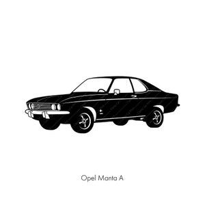 May include: Black and white silhouette of an Opel Manta A, a classic car with a coupe body style.