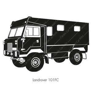 May include: A black and white silhouette of a Landrover 101FC truck. The truck has a boxy body with a large windshield and a flatbed. The truck has four wheels and a spare tire mounted on the back.