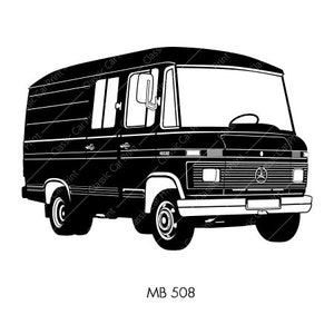 Op de afbeelding: Zwart-witte silhouet van een Mercedes-Benz MB 508 bestelwagen. De bestelwagen heeft een vierkant ontwerp met een grote voorruit en een platte voorkant.