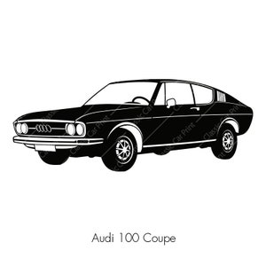 Op de afbeelding: Een zwart-wit silhouet van een Audi 100 Coupé. De auto is een klassieke coupé met een elegant ontwerp.