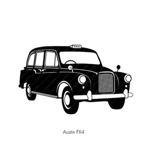 May include: Black and white silhouette of a classic London taxi cab, known as an Austin FX4, with the word "TAXI" on top.