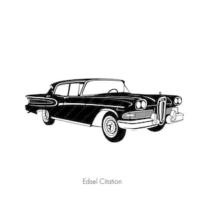 May include: A black and white silhouette of a 1958 Edsel Citation, a classic American car. The car is shown in profile, with the front end facing the viewer. The car has a distinctive grille and headlights, as well as a long, flowing body.