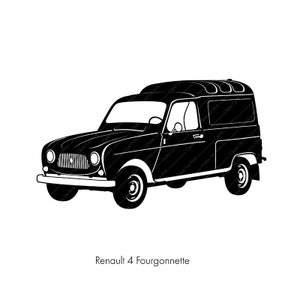 May include: A black and white silhouette of a Renault 4 Fourgonnette van. The van has a boxy shape with a high roof and a large rear door.