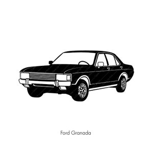 Puede incluir: Una silueta en blanco y negro de un coche Ford Granada.