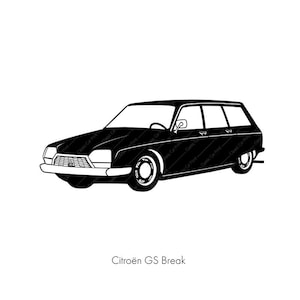 May include: Black and white silhouette of a Citroën GS Break station wagon. The car is facing slightly to the right and has a long, rectangular body.