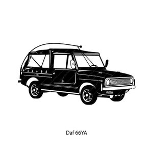 May include: A black and white silhouette of a Daf 66YA, a small, four-wheeled vehicle with a canvas top. The vehicle has a license plate that reads "NL".