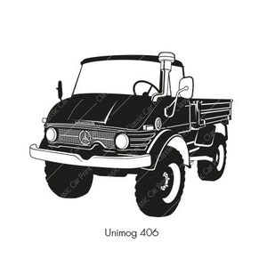 Op de afbeelding: Zwart-witte silhouet van een Unimog 406 vrachtwagen. De vrachtwagen heeft een laadbak en een groot frontrooster met het Mercedes-Benz logo.