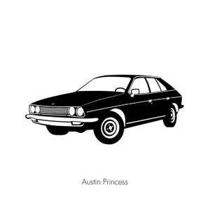 May include: Black and white silhouette of an Austin Princess car. The car is facing the viewer and has a classic design.