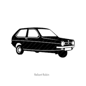 May include: A black and white silhouette of a Reliant Robin car. The car has a three-wheeled design and a distinctive rounded shape.