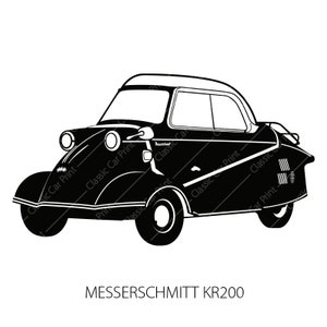 Op de afbeelding: Een zwart-wit silhouet van een Messerschmitt KR200, een kleine, driewielige auto met een afgerond lichaam en een enkele deur.