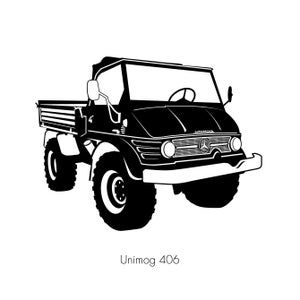 MB UNIMOG 406, Cartel de coche clásico, impresión instantánea de arte de pared digital, clásico alemán, coche retro de ilustración oldtimer de impresión casera, clásico 4x4