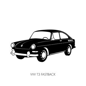 Puede incluir: Silueta en blanco y negro de un coche Volkswagen T3 Fastback. El coche está de frente al espectador y tiene un diseño clásico.