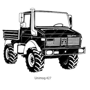May include: A black and white line drawing of a Unimog 427 truck. The vehicle has large, off-road tyres, a detailed front grille with a Mercedes-Benz emblem, and a cargo bed. The image is set against a white backdrop.