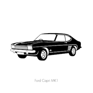 May include: Black and white silhouette of a Ford Capri MK1 car.