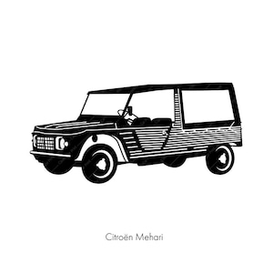 Citroën Mehari, coche clásico francés, ilustración de coche antiguo vintage, coche divertido, descarga de PDF AI, arte, impresión casera, póster, camiseta, taza o...