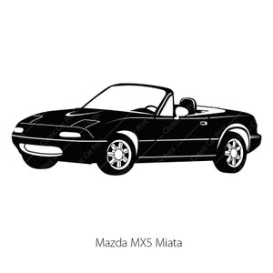 Może przedstawiać: Czarna sylwetka czarnego sportowego samochodu kabriolet Mazda MX-5 Miata. Samochód jest lekko obrócony w prawo i ma klasyczny, sportowy design.