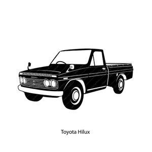 May include: Black and white silhouette of a Toyota Hilux pickup truck. The truck has a long bed and a single cab. The truck is facing the viewer.