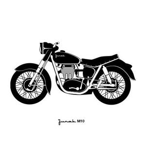Puede incluir: Ilustración en blanco y negro de una motocicleta vintage. La moto tiene un diseño clásico con un faro redondo, un depósito de combustible en forma de lágrima y ruedas de radios. El texto "Junak M10" está debajo.