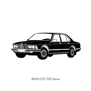 May include: A black and white silhouette of a BMW E23 700 Series car. The car is facing the viewer and is set against a white background.