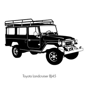 May include: Black and white silhouette of a Toyota Landcruiser BJ45 with a roof rack. The vehicle has a "TOYOTA" logo on the front.