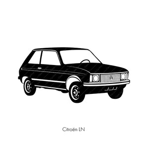 Könnte beinhalten: Eine schwarz-weiße Silhouette eines Citroën LN Autos. Das Auto ist ein Fließheck mit einem kleinen, kastenförmigen Design.