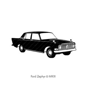 May include: Black and white silhouette of a Ford Zephyr 6 MKIII car. The car is a classic sedan with a long hood and a spacious trunk.