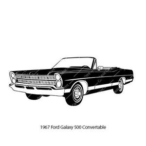 May include: Black and white line art illustration of a 1967 Ford Galaxy 500 Convertible. The car is facing slightly to the right and has a classic design.