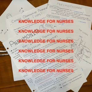 May include: Close-up of several white pages with handwritten notes about respiratory conditions. The pages are titled "Knowledge for Nurses" and include topics like "Chronic Obstructive Pulmonary Disease (COPD)", "Pneumothorax", "Pneumonia", and "The Lungs".