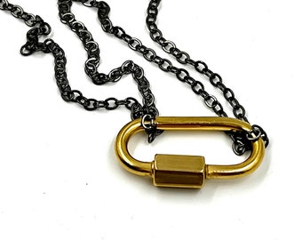 Fine doubled gunmetal chain with matte gold carabiner necklace