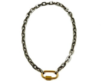 Chunky matte silver plated chain necklace with gold matte carabiner