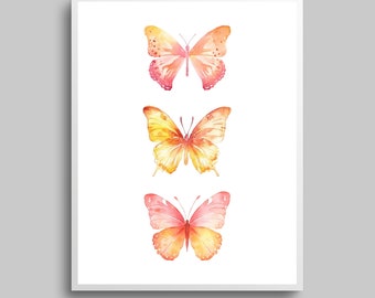 Watercolor Butterfly Print, Pink Yellow Butterfly Art Print, Watercolor Prints, Printable Art, Bedroom Decor, Digital Download