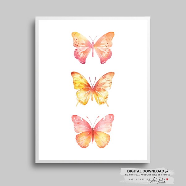 Watercolor Butterfly Print, Pink Yellow Butterfly Art Print, Watercolor Prints, Printable Art, Bedroom Decor, Digital Download