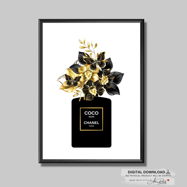 Black and Gold Fashion Wall Art, Perfume Bottle Print, Fashion Print, Fashion Perfume Illustration, Glam Wall Art Print, Instant Download