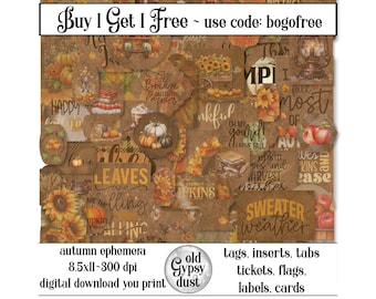Könnte beinhalten: Eine Collage mit herbstlichen Ephemera mit Kürbissen, Sonnenblumen und Text. Enthält Tags, Einsätze und Etiketten. Der Text enthält "Leaves are falling", "Sweater Weather". Digitaler Download, 21,6 x 27,9 cm.