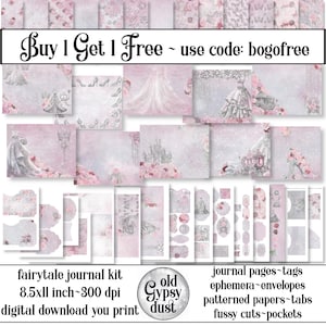 Kit de diario basura: álbum de recortes de princesas de cuento de hadas, papel estampado, vestidos de novia, fantasía rosa, adornos mágicos, tarjetas de diario efímeras