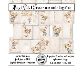 May include: A digital download of 10 printable pages featuring 5 patterned papers and bunny themed ephemera tags. The papers are 8.5 x 11 inches and 300 dpi. The text on the image reads "Buy 1 Get 1 Free - use code: bogofree".