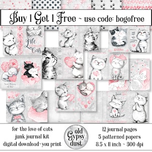 Junk Journal Kit Für die Liebe der Katzen Scrapbook Gemusterte Papier Kitty Liebe Kätzchen Herzen Kätzchen Sweet Kitty Printable Sheets