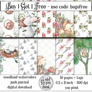 Scrapbooking Junk Journal Animali Foresta Floreale Carte Pagine Tag Carino Cervo Topo Riccio Volpe Coniglio Scoiattolo Carta Digitale Immagine di Sfondo