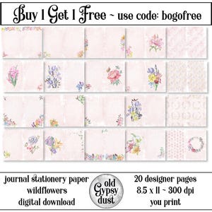 May include: A digital download of 20 printable journal pages featuring a pink background with watercolor wildflowers. The pages are 8.5 inches by 11 inches and 300 dpi. The text "Buy 1 Get 1 Free - use code: bogofree" is at the top of the image. The text "journal stationery paper wildflowers digital download" is at the bottom left of the image. The text "old gypsy dust" is at the bottom center of the image. The text "20 designer pages 8.5 x 11 - 300 dpi you print" is at the bottom right of the image.