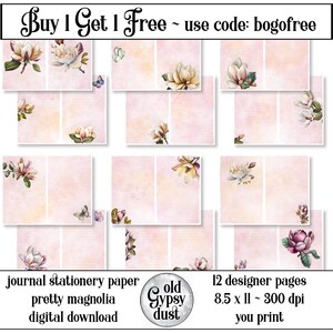 Writing Journal Pages Magnolia Flowers 12 Digital Papers Lined Journaling Diary Papers Scrapbooking Junk Journals Printable Stationery