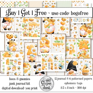 Può includere: Un kit di diario di scarto digitale con api e gnomi. Il kit include 12 pagine di diario, 6 carte fantasia ed etichette di ephemera. Le carte misurano 8,5 pollici per 11 pollici e 300 dpi. Il kit è disponibile per l'acquisto con un'offerta di tipo "compra uno, prendine uno gratis" utilizzando il codice bogofree.