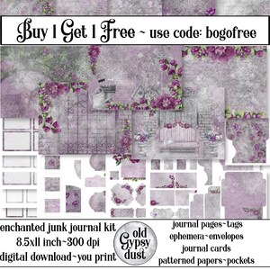 Junk Journal Kit Floral Distressed Scrapbook Paper Purple Magenta Journal Pages Patterned Paper Ephemera Envelopes Tags Pockets Inserts