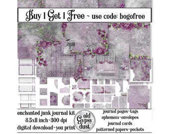 Junk Journal Kit Floral Distressed Scrapbook Paper Purple Magenta Journal Pages Patterned Paper Ephemera Envelopes Tags Pockets Inserts