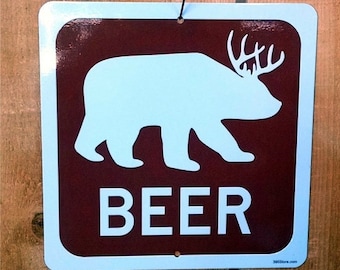 Beer Bear Sign - Aluminum for Outdoors or indoors. Bar sign. Saloon sign. Cabin sign.