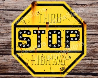 Yellow Stop Sign, old retro stop sign,  rustic sign, vintage sign, weathered sign, old antique looking sign. Weather proof sign.