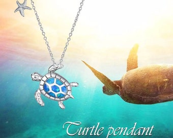 Dainty Hawaiian Opal Sea Turtle Necklace, Sterling Silver Blue Opal Turtle Pendant, Christmas Birthday Mom Wife Gift