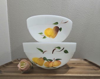 Vintage 1950s Anchor Hocking Fire King White Milk Glass Nesting Bowls- Gat Fruit Pattern Set of 2