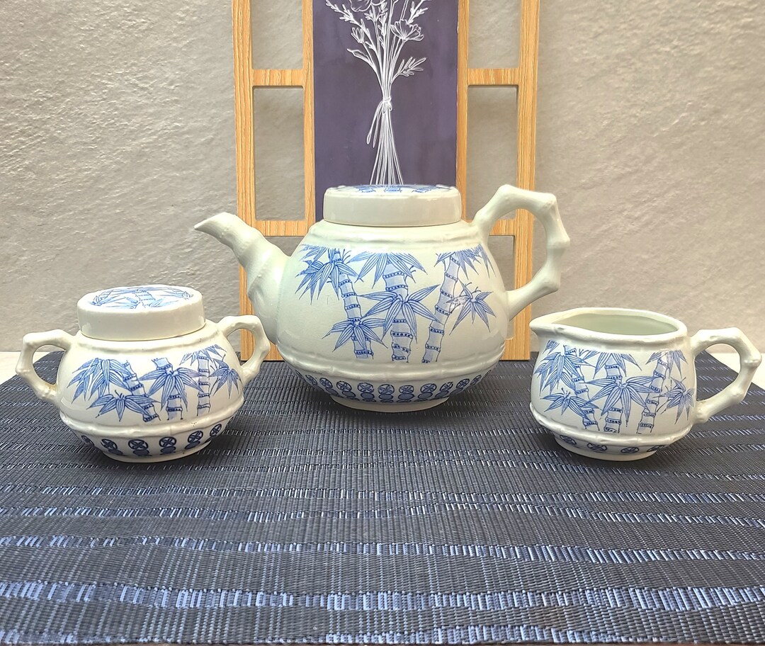 Vintage Blue and White Ceramic Bamboo Design Teapot With Creamer and Sugar Set Etsy