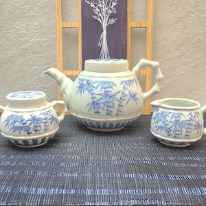 Vintage Blue and White Ceramic Bamboo Design Teapot with Creamer and Sugar Set