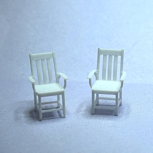 3D resin printed HO scale 1:87 slat backed patio chairs, white resin, set of 2. Can be made in S and O scale; email me for price quote